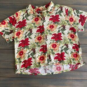 Palm Grove White Floral Hawaiian Button Front Shirt Womens Petite Large (C8)